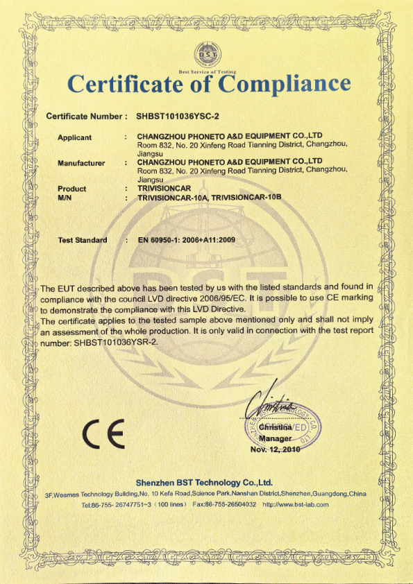 CE LVD compliance certificate issued by BST